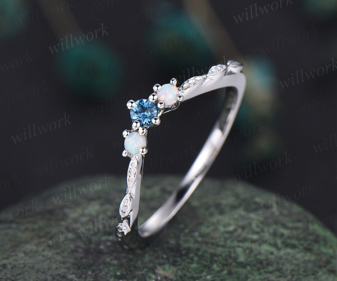 Curved London blue topaz opal wedding band 14k white gold leaf vintage three stone wedding ring band women stacking anniversary ring gift