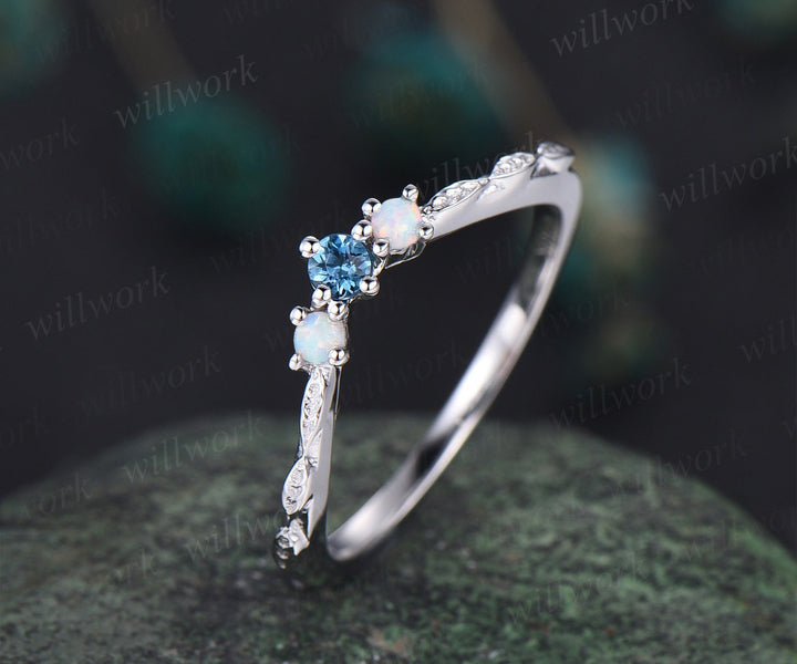 Curved London blue topaz opal wedding band 14k white gold leaf vintage three stone wedding ring band women stacking anniversary ring gift