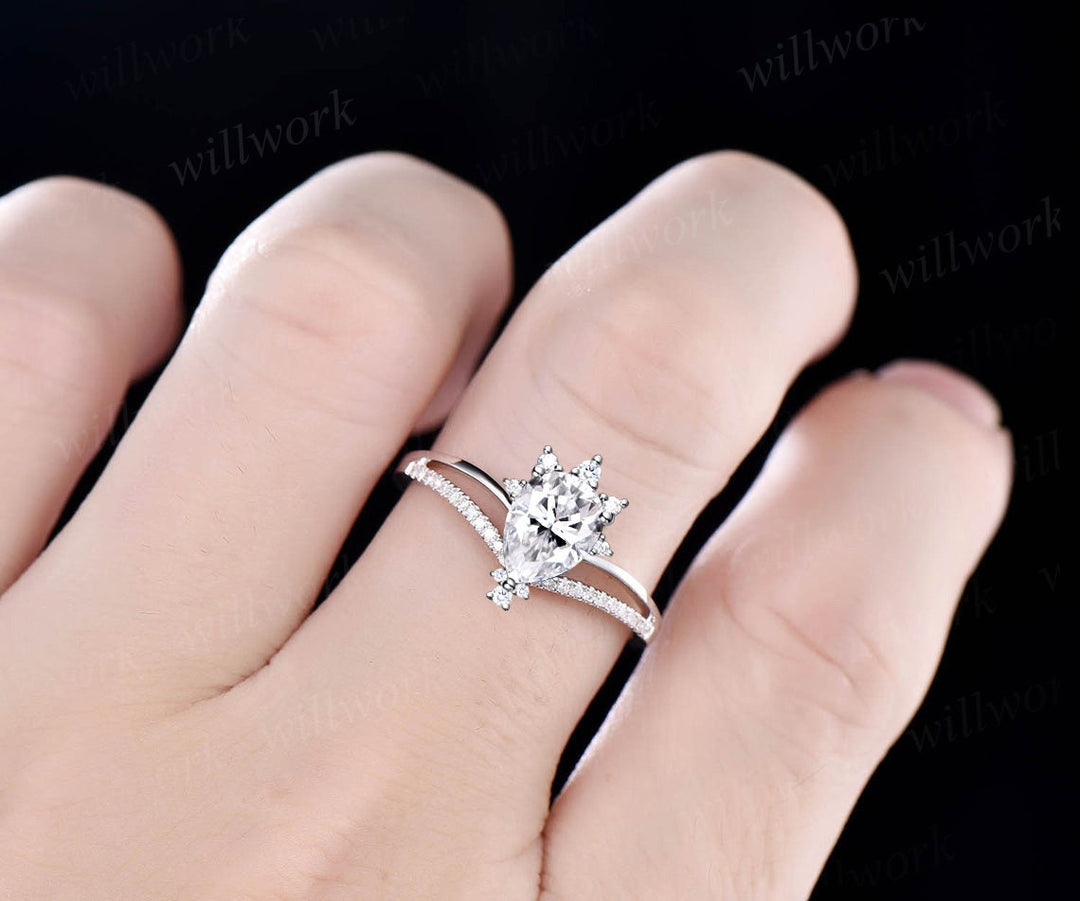 Vintage pear shaped moissanite engagement ring 14k rose gold half eternity cluster split shank diamond ring unique wedding ring women gift