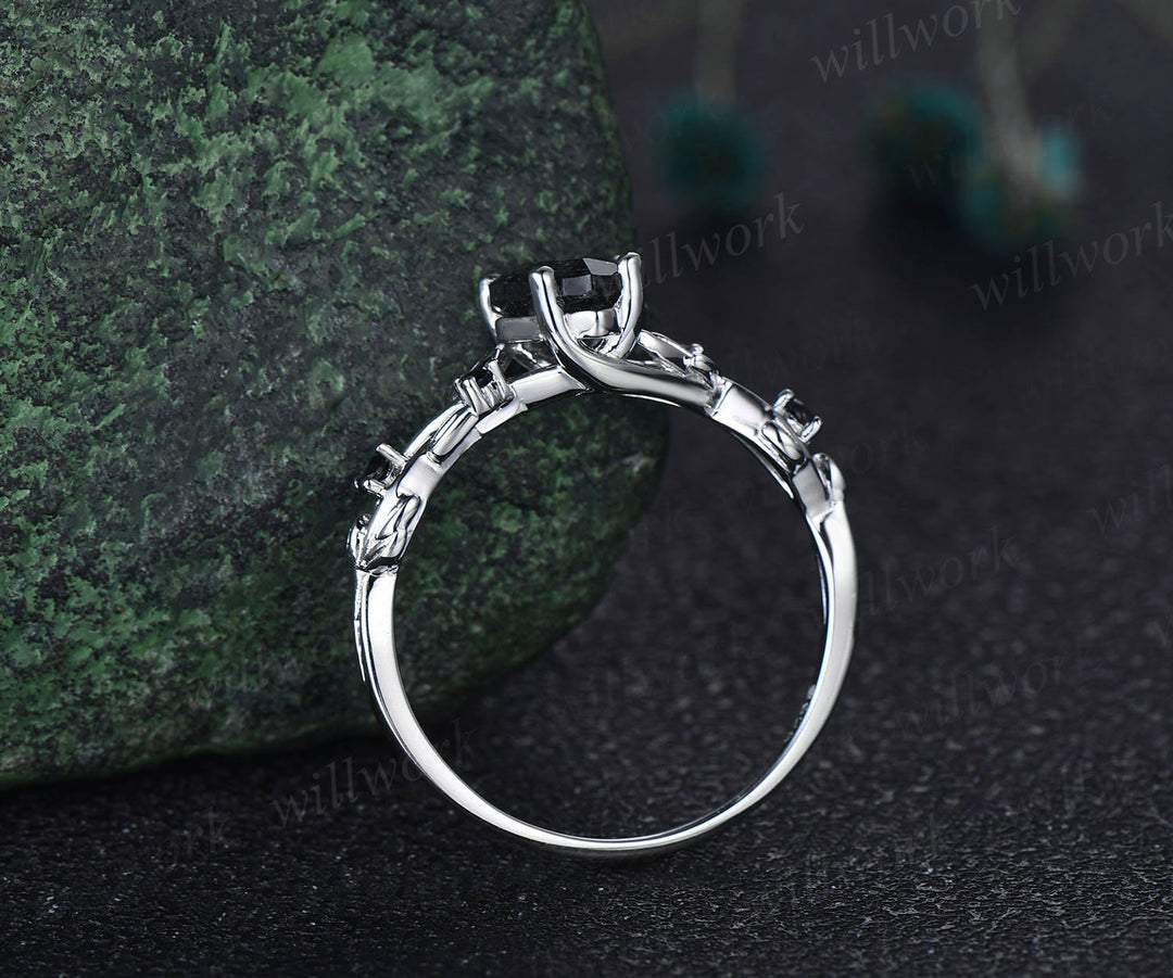 Vintage pear black rutilated quartz ring leaf twig nature inspired engagement ring five stone black diamond white gold bridal ring women