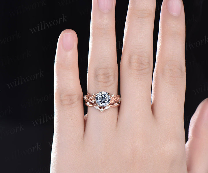2ct Twig round gray moissanite engagement ring set 14k rose gold five stone leaf branch Nature inspired diamond bridal ring set for women