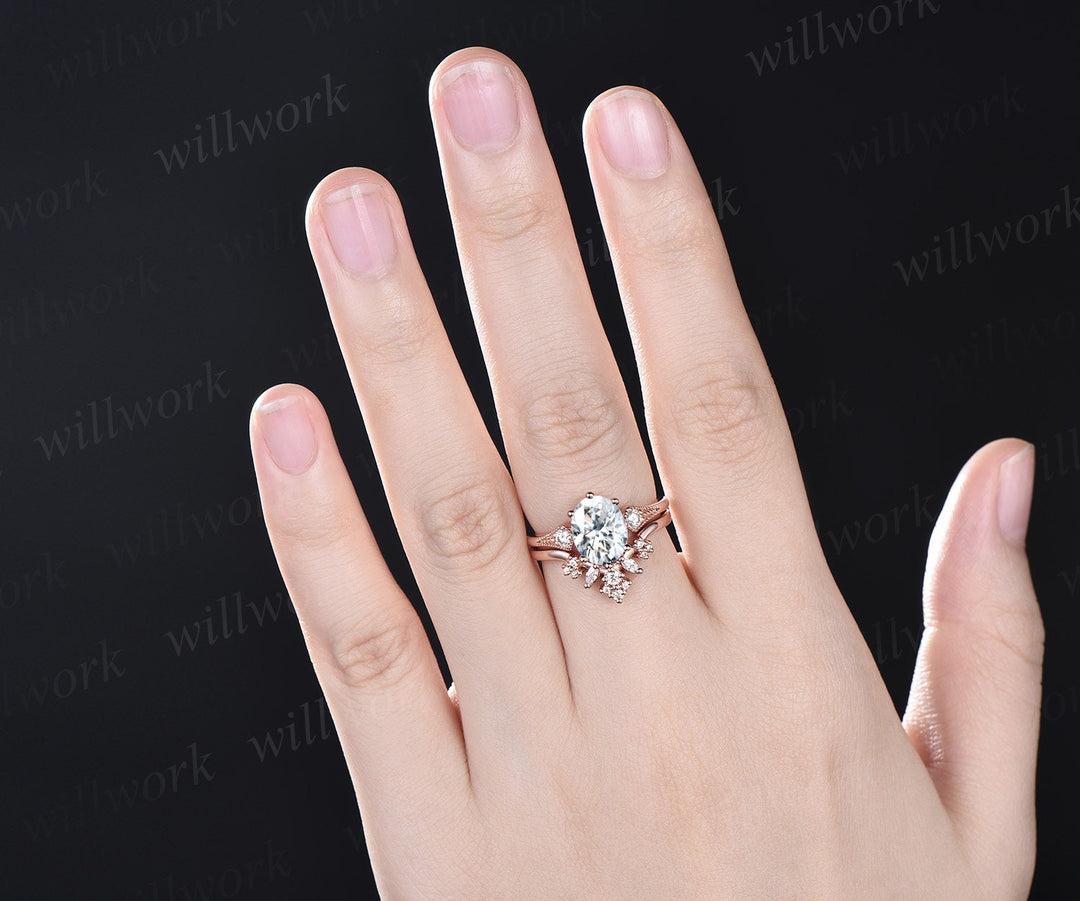Vintage style 2ct oval moissanite engagement ring set rose gold three stone art deco cluster diamond wedding bridal ring set women jewelry