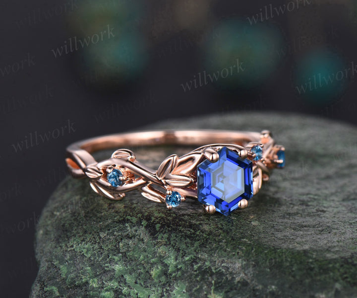 Vintage hexagon cut blue sapphire engagement ring white gold leaf five stone London blue topaz ring women twig nature inspired wedding ring