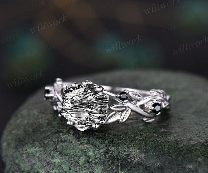 Vintage hexagon cut black rutilated quartz ring leaf twig nature inspired engagement ring rose gold black diamond wedding bridal ring women