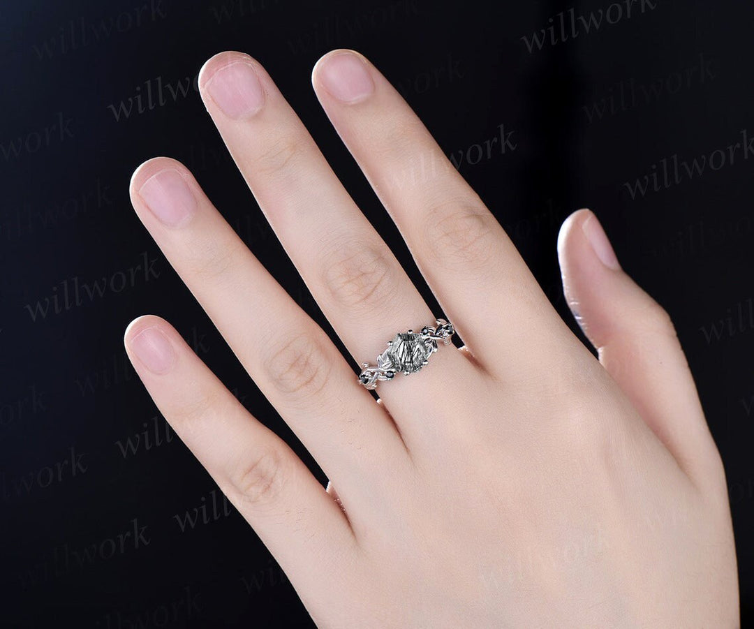 Vintage hexagon cut black rutilated quartz ring leaf twig nature inspired engagement ring rose gold black diamond wedding bridal ring women