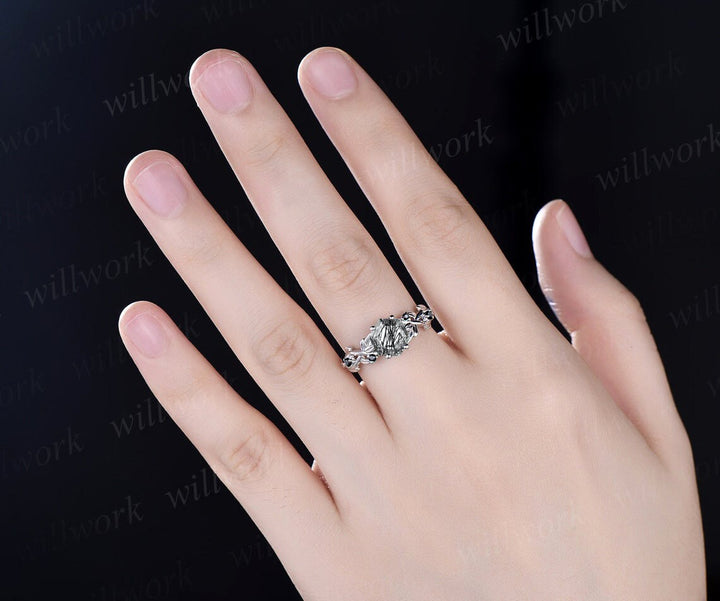 Vintage hexagon cut black rutilated quartz ring leaf twig nature inspired engagement ring rose gold black diamond wedding bridal ring women