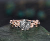 Vintage hexagon cut black rutilated quartz ring leaf twig nature inspired engagement ring rose gold black diamond wedding bridal ring women
