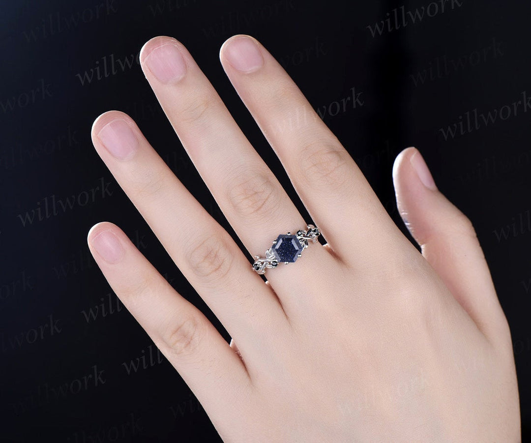 Vintage hexagon cut blue sandstone ring leaf twig nature inspired engagement ring rose gold antique black diamond ring bridal ring women