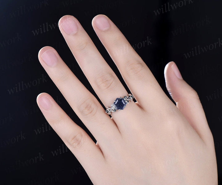 Vintage hexagon cut blue sandstone ring leaf twig nature inspired engagement ring rose gold antique black diamond ring bridal ring women