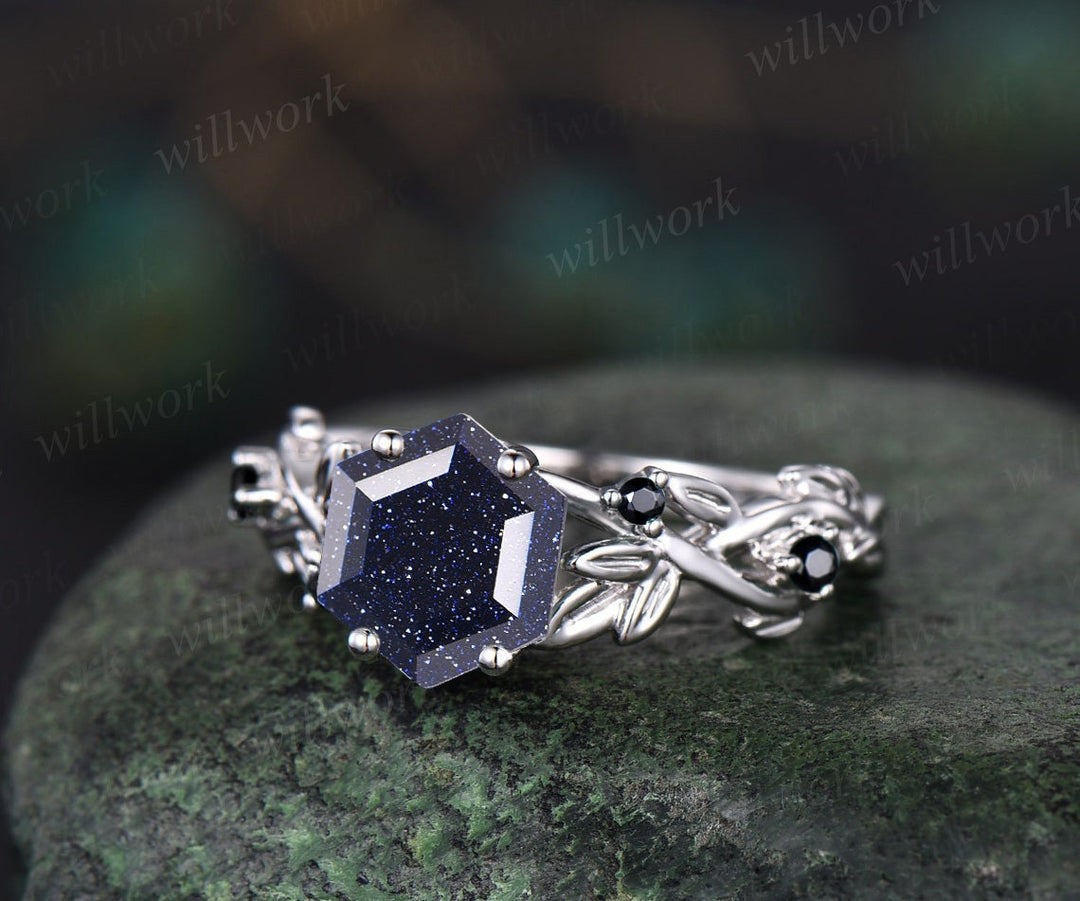 Vintage hexagon cut blue sandstone ring leaf twig nature inspired engagement ring rose gold antique black diamond ring bridal ring women