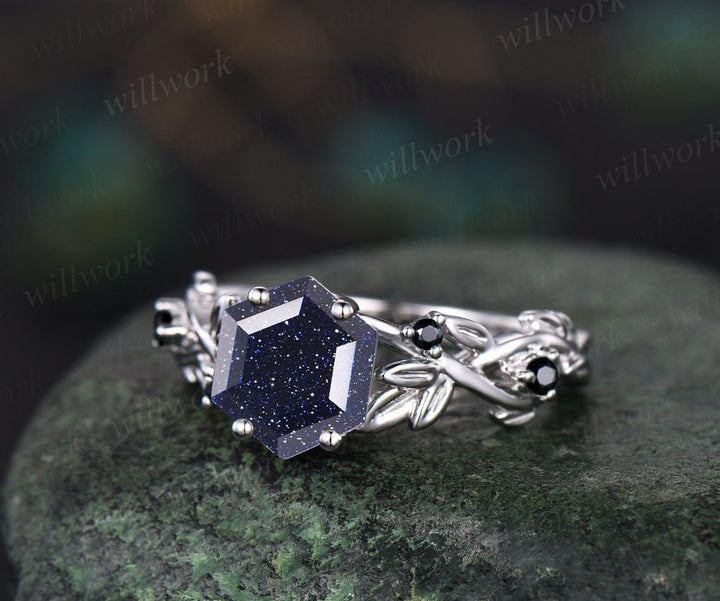 Vintage hexagon cut blue sandstone ring leaf twig nature inspired engagement ring rose gold antique black diamond ring bridal ring women
