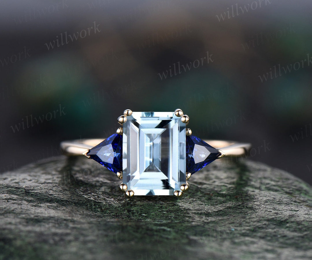 Vintage emerald cut aquamarine engagement ring 14k yellow gold three stone Trilliant cut sapphire ring women blue gemstone ring Fine jewelry