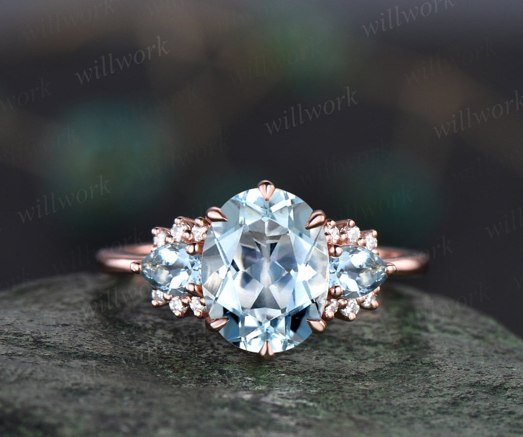 Vintage 2ct oval Aquamarine engagement ring pear Aquamarine ring cluster diamond ring solid 14k rose gold gemstone ring women fine jewelry