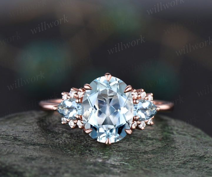 Vintage 2ct oval Aquamarine engagement ring pear Aquamarine ring cluster diamond ring solid 14k rose gold gemstone ring women fine jewelry