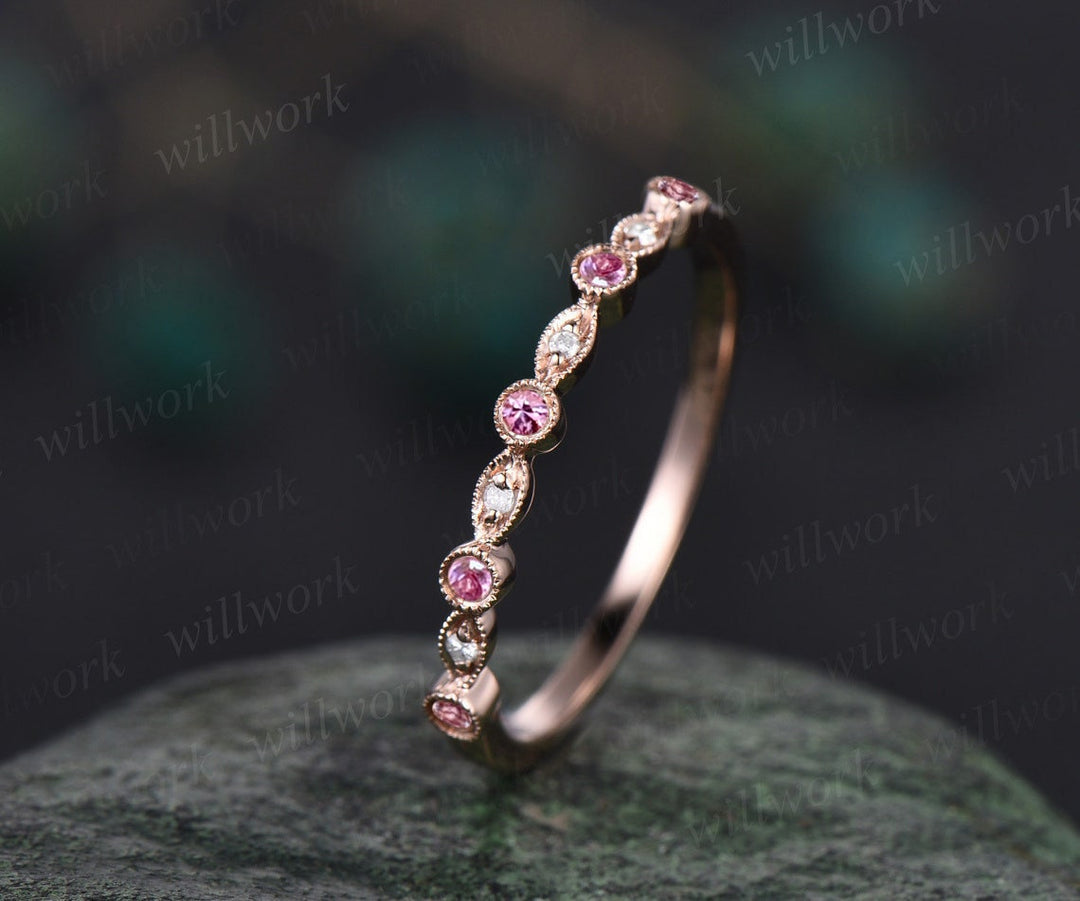 Milgrain bezel Pink sapphire wedding band solid 14k rose gold vintage art deco half eternity dainty diamond wedding ring band women gift