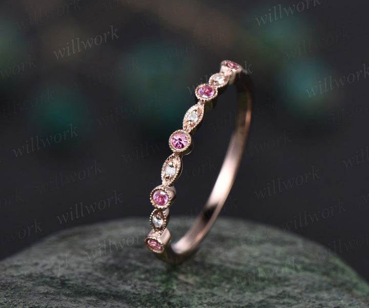 Milgrain bezel Pink sapphire wedding band solid 14k rose gold vintage art deco half eternity dainty diamond wedding ring band women gift