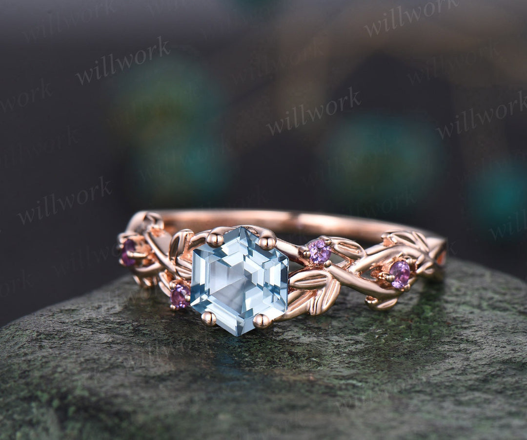 Aquamarine ring vintage hexagon cut Aquamarine engagement ring 14k white gold leaf ring twisted wedding ring women March birthstone ring