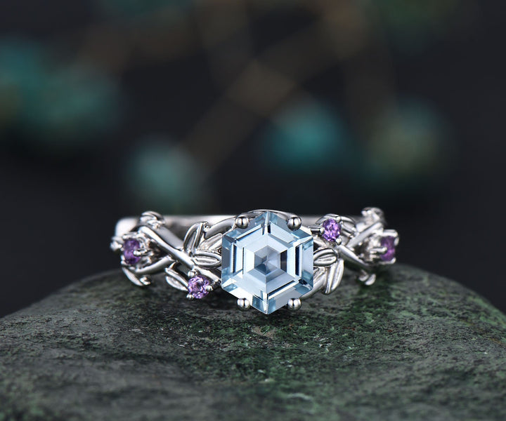 Aquamarine ring vintage hexagon cut Aquamarine engagement ring 14k white gold leaf ring twisted wedding ring women March birthstone ring