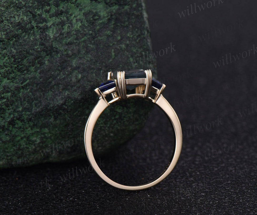 Emerald cut London blue topaz ring gold three stone Trilliant cut sapphire ring unique engagement ring 8 prong promise wedding ring women