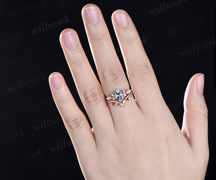 Vintage oval cut gray moissanite engagement ring set 14k rose gold marquise cut diamond ring women unique promise  bridal wedding ring set