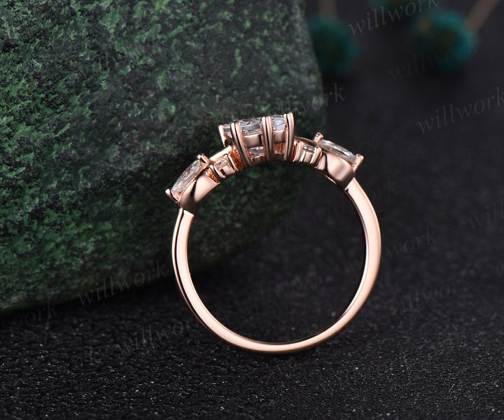 Vintage oval cut gray moissanite engagement ring set 14k rose gold marquise cut diamond ring women unique promise  bridal wedding ring set
