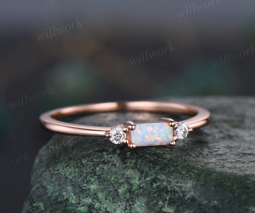 Minimalist opal ring rose gold three stone Baguette cut opal ring dainty moissanite ring engagement ring Personalized ring gemstone gift
