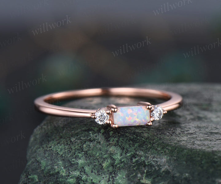 Minimalist opal ring rose gold three stone Baguette cut opal ring dainty moissanite ring engagement ring Personalized ring gemstone gift