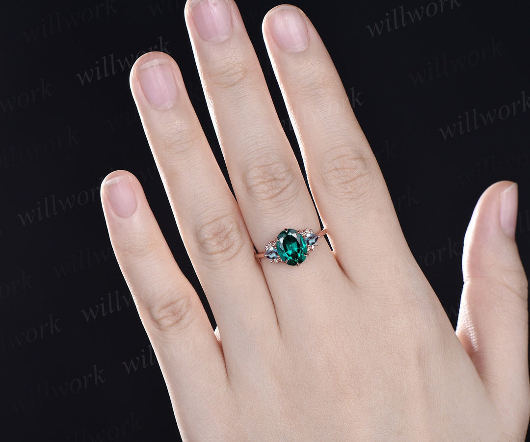 Vintage oval cut emerald engagement ring pear alexandrite ring cluster moissanite ring solid 14k rose gold gemstone ring women fine jewelry