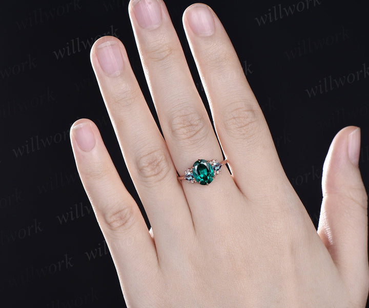 Vintage oval cut emerald engagement ring pear alexandrite ring cluster moissanite ring solid 14k rose gold gemstone ring women fine jewelry