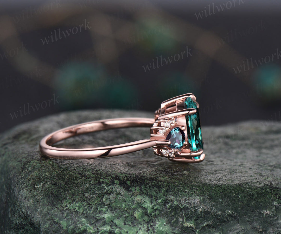 Vintage oval cut emerald engagement ring pear alexandrite ring cluster moissanite ring solid 14k rose gold gemstone ring women fine jewelry