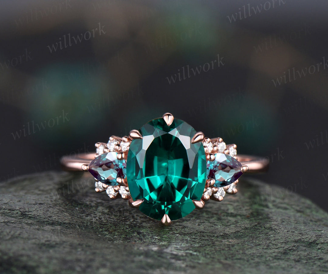 Vintage oval cut emerald engagement ring pear alexandrite ring cluster moissanite ring solid 14k rose gold gemstone ring women fine jewelry