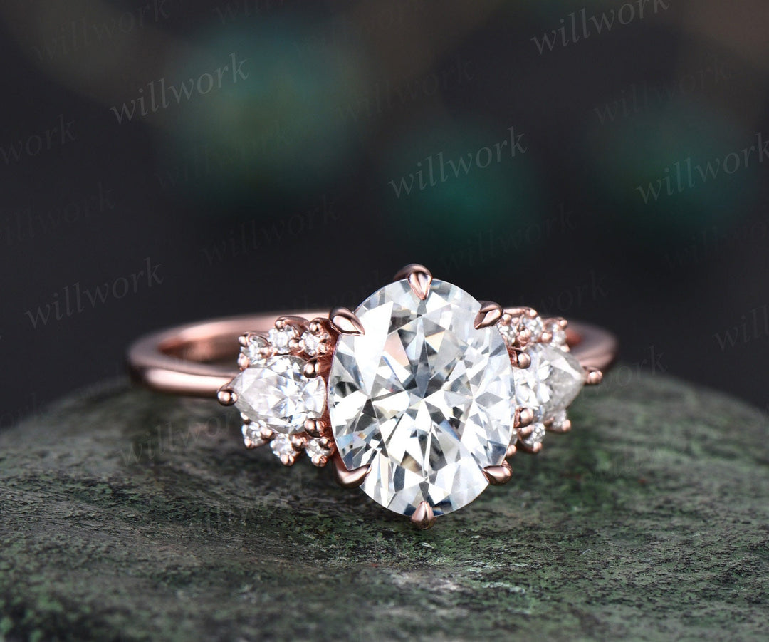 2ct oval cut IGI lab-grown diamond engagement ring solid 14k rose gold 6 prong cluster pear diamond ring vintage promise wedding bridal ring women