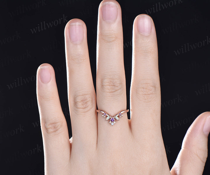 Curved opal wedding band solid 14k rose gold vintage snowdrift amethyst moissanite wedding ring band women stacking anniversary ring gift