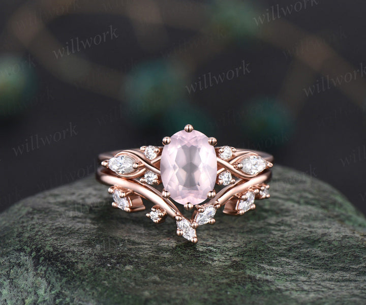 Oval rose quartz ring rose gold 6 prong art deco cluster unique engagement ring women antqiue diamond ring vintage dainty crystal ring gift