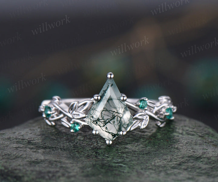 Twig moss agate ring vintage kite cut moss agate engagement ring nature inspired white gold ring leaf emerald ring women unique wedding ring