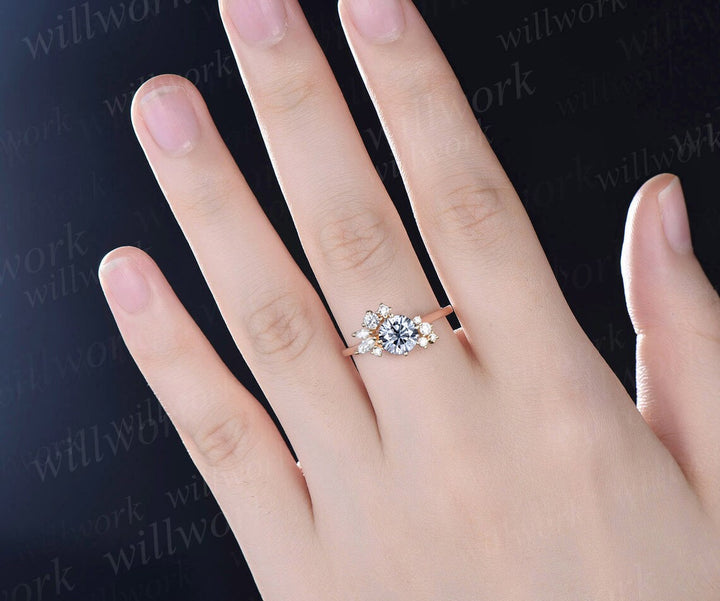 Vintage 1ct round gray moissanite engagement ring art deco dainty snowdrift cluster diamond ring solid 14k yellow gold bridal ring women