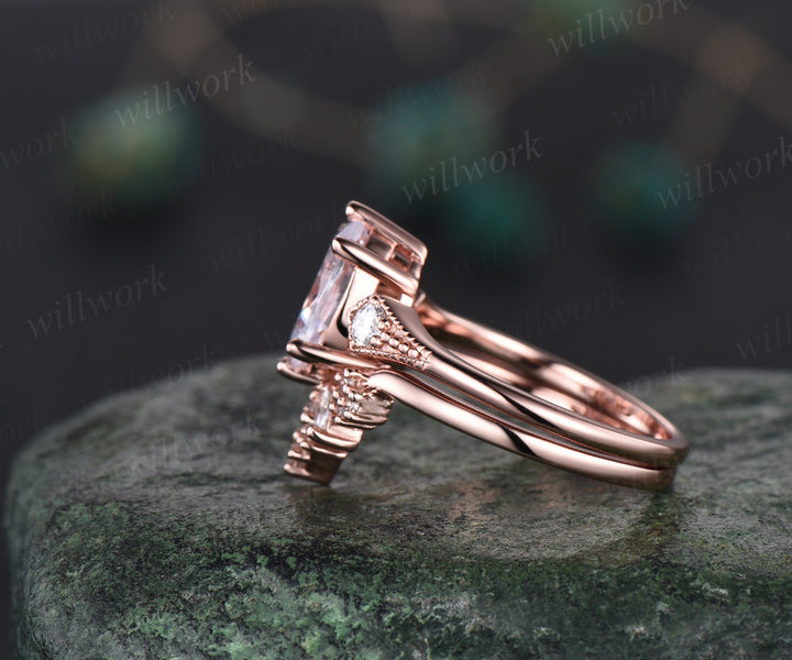 Vintage style 2ct oval moissanite engagement ring set rose gold three stone art deco cluster diamond wedding bridal ring set women jewelry
