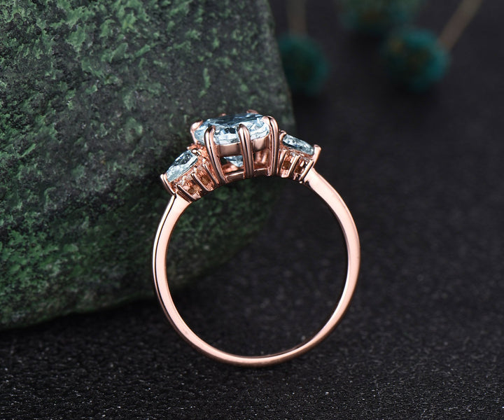 Vintage 2ct oval Aquamarine engagement ring pear Aquamarine ring cluster diamond ring solid 14k rose gold gemstone ring women fine jewelry