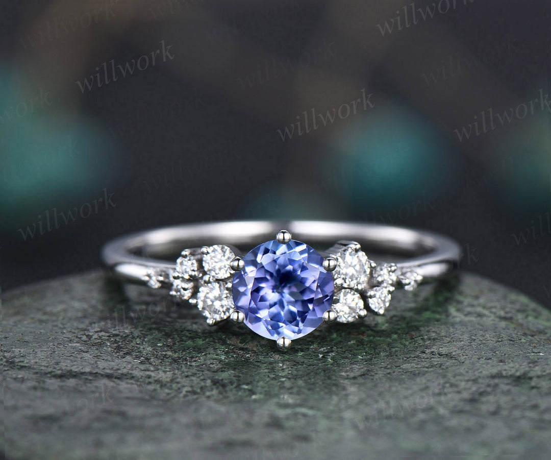 Round natural blue tanzanite ring vintage unique engagement ring 14k white gold 6 prong snowdrift diamond anniversary wedding ring for women