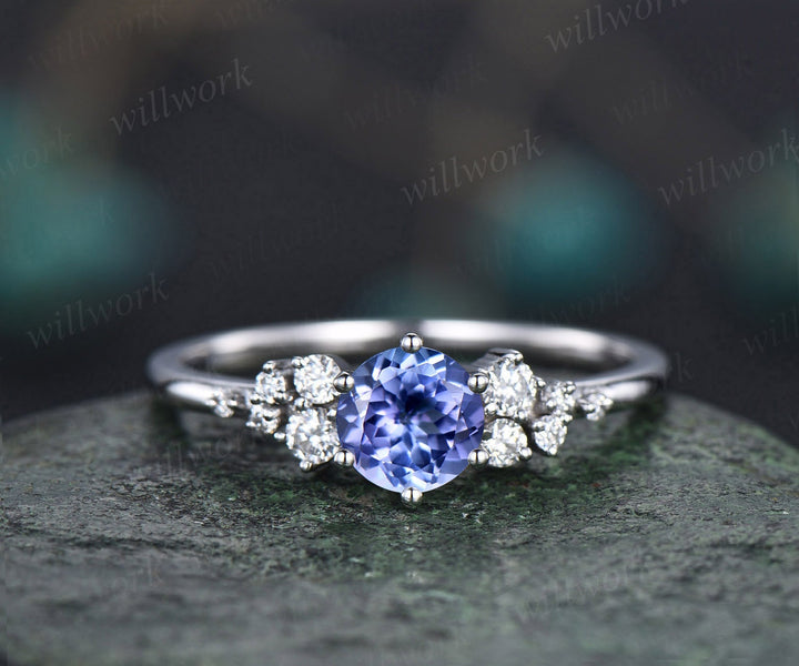 Round natural blue tanzanite ring vintage unique engagement ring 14k white gold 6 prong snowdrift diamond anniversary wedding ring for women