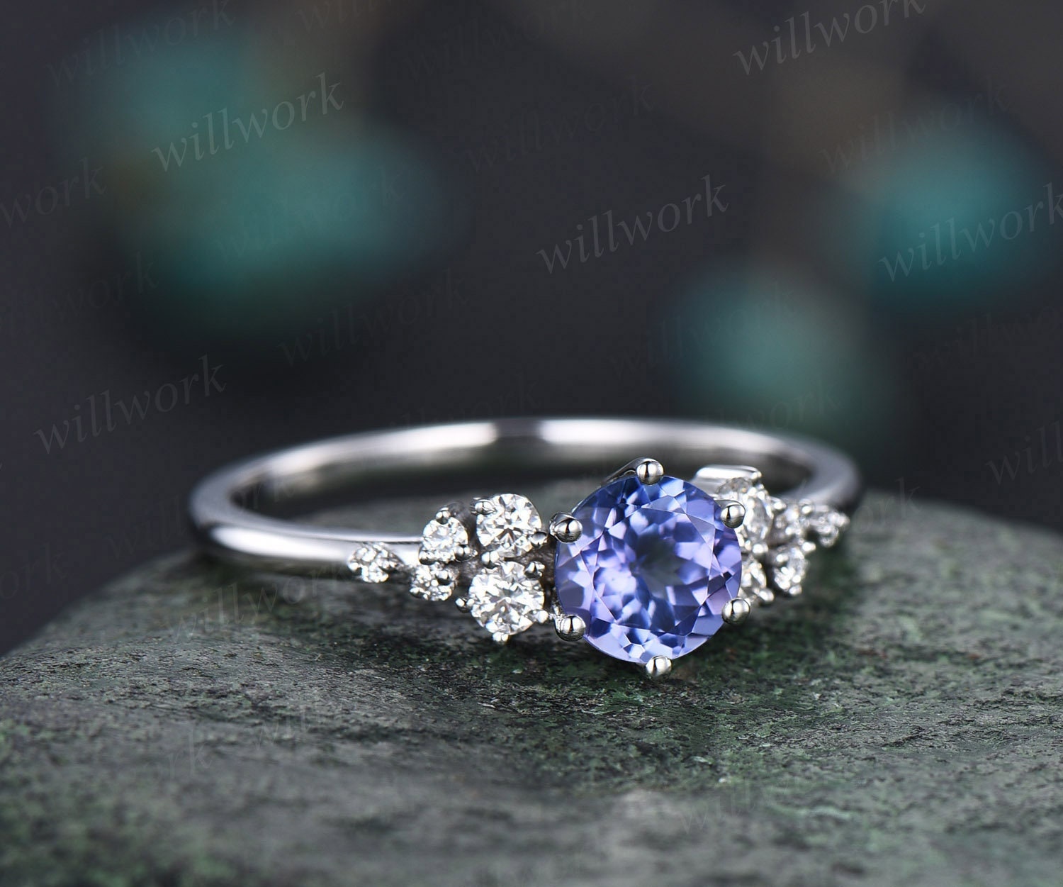 Round natural blue tanzanite ring vintage unique engagement ring