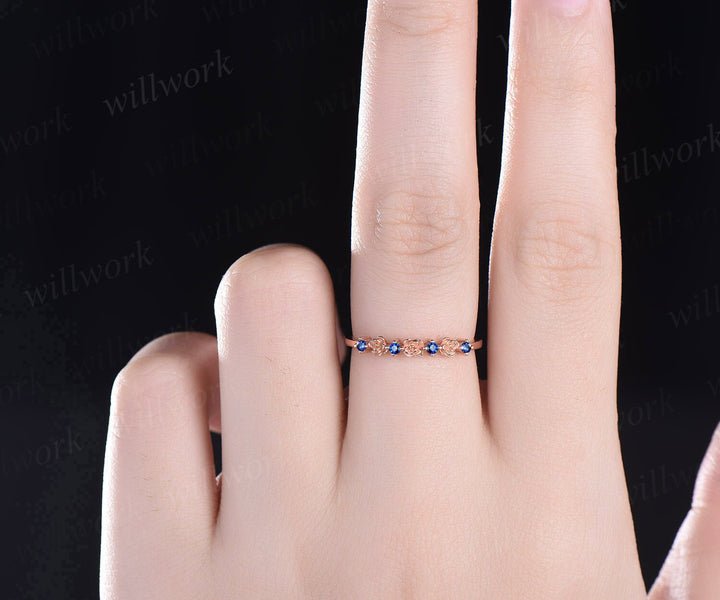 Dainty flower natural sapphire wedding band solid 14k rose gold stacking unique vintage wedding ring band for women anniversary ring gift