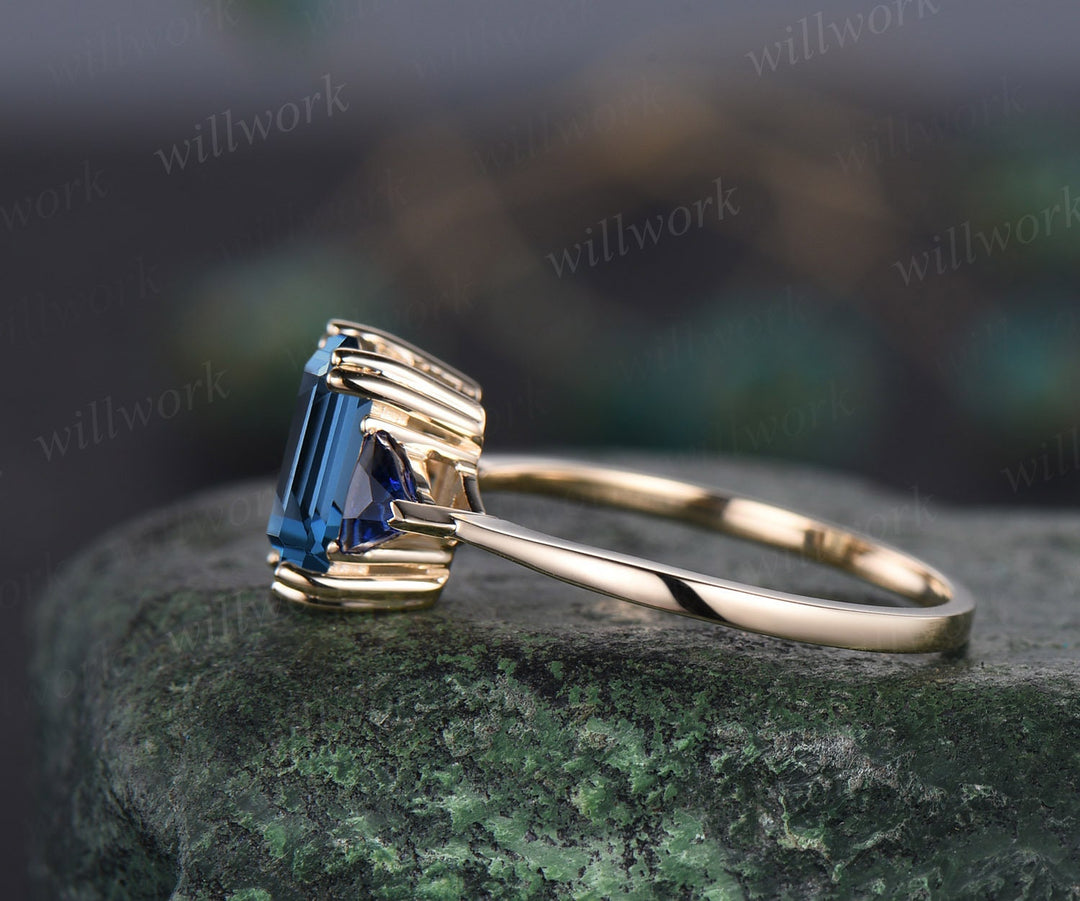 Emerald cut London blue topaz ring gold three stone Trilliant cut sapphire ring unique engagement ring 8 prong promise wedding ring women