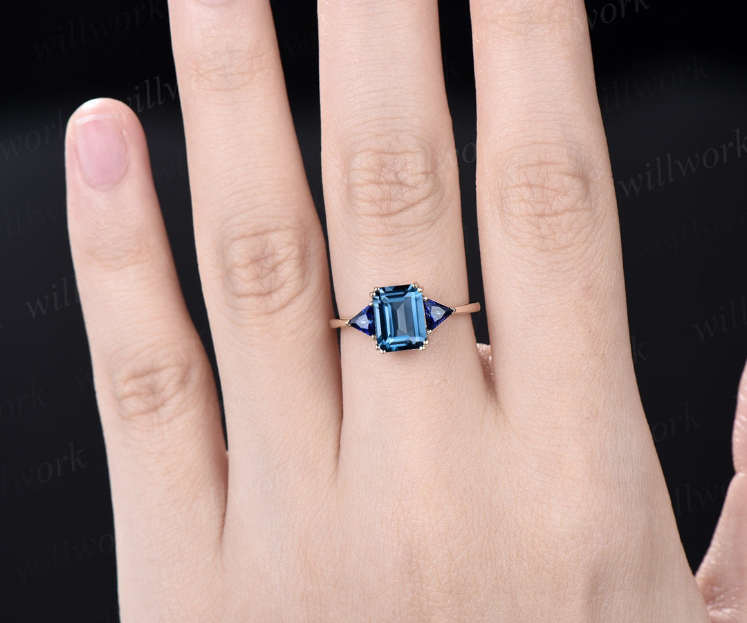Emerald cut London blue topaz ring gold three stone Trilliant cut sapphire ring unique engagement ring 8 prong promise wedding ring women