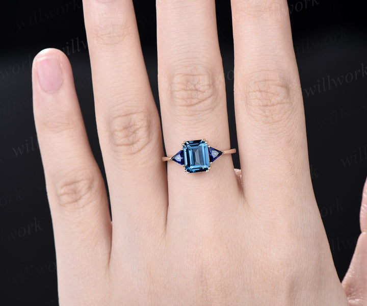 Emerald cut London blue topaz ring gold three stone Trilliant cut sapphire ring unique engagement ring 8 prong promise wedding ring women