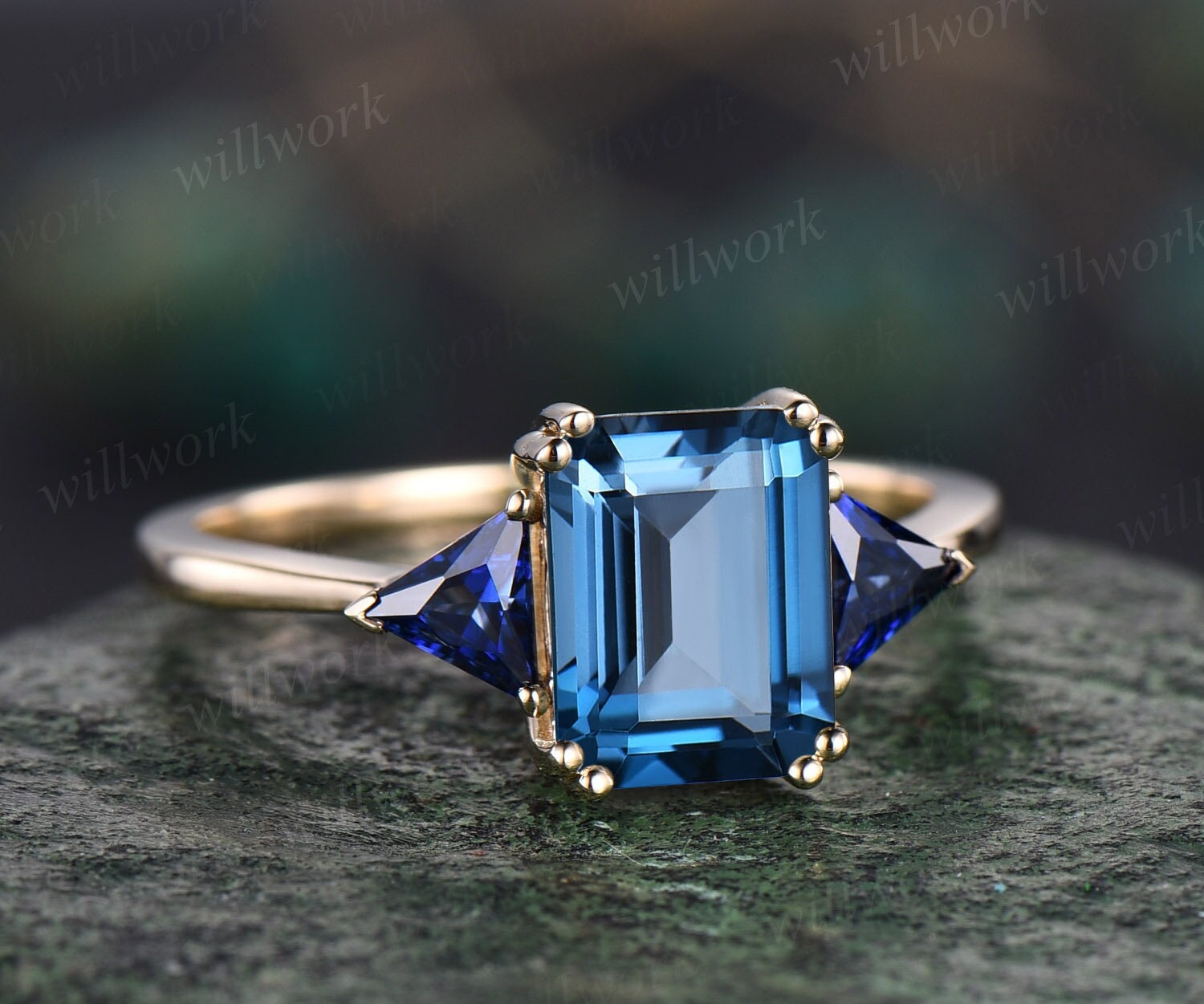 Emerald cut London blue topaz ring gold three stone Trilliant cut