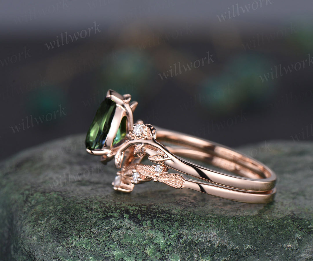 Pear shaped natural green Tourmaline ring rose gold leaf nature inspired unique engagement ring women art deco wedding bridal ring set gift