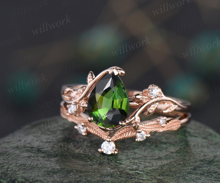 Pear shaped natural green Tourmaline ring rose gold leaf nature inspired unique engagement ring women art deco wedding bridal ring set gift