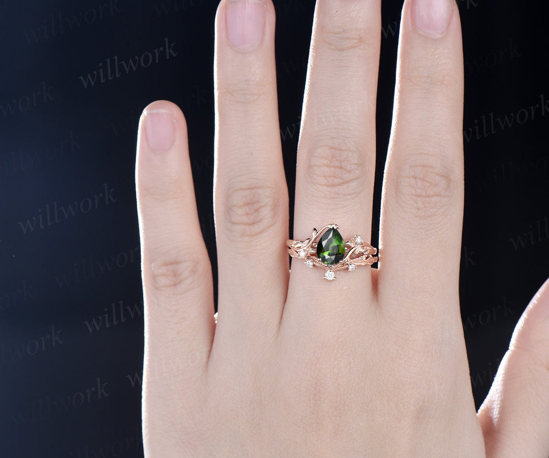 Pear shaped natural green Tourmaline ring rose gold leaf nature inspired unique engagement ring women art deco wedding bridal ring set gift