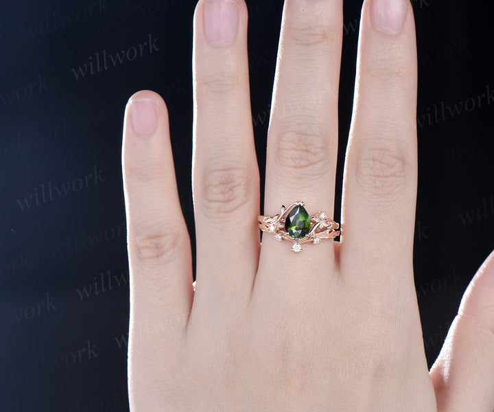 Pear shaped natural green Tourmaline ring rose gold leaf nature inspired unique engagement ring women art deco wedding bridal ring set gift